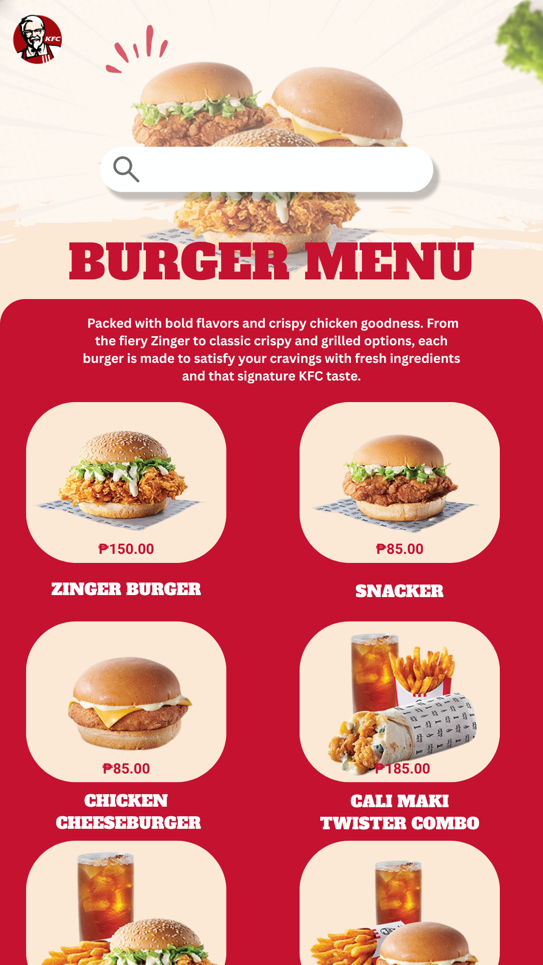 KFC App Menu